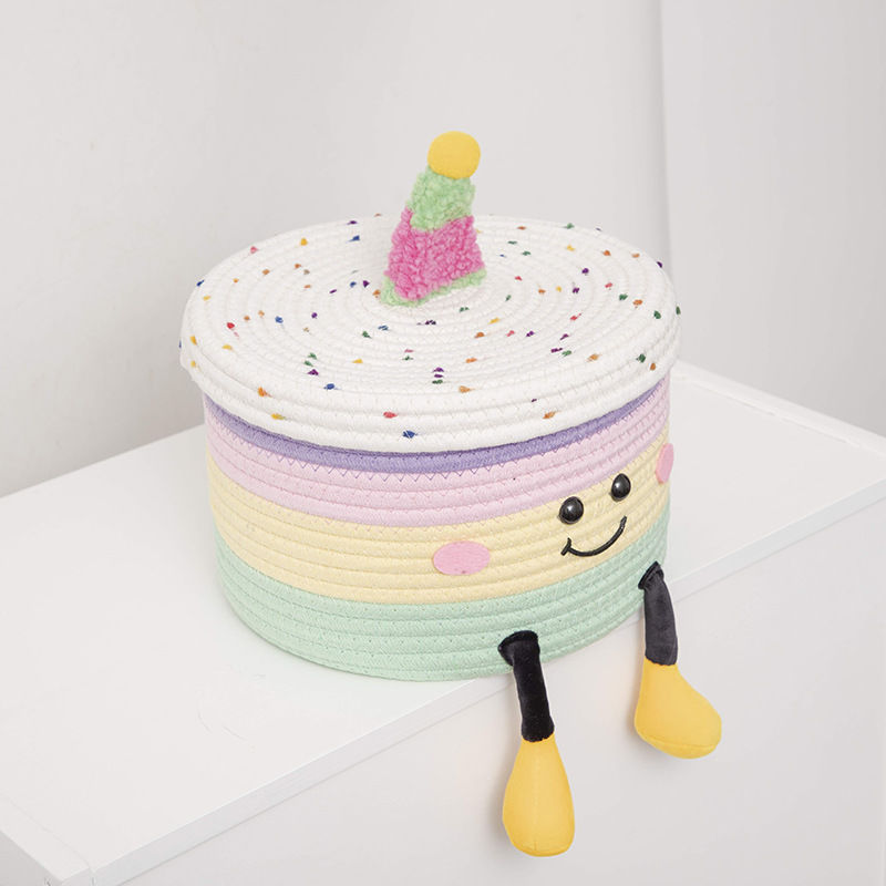Cartoon Woven Storage Basket Dustproof Desktop Organizer Toys Snacks Kids Gift Box Rainbow Cake Storage