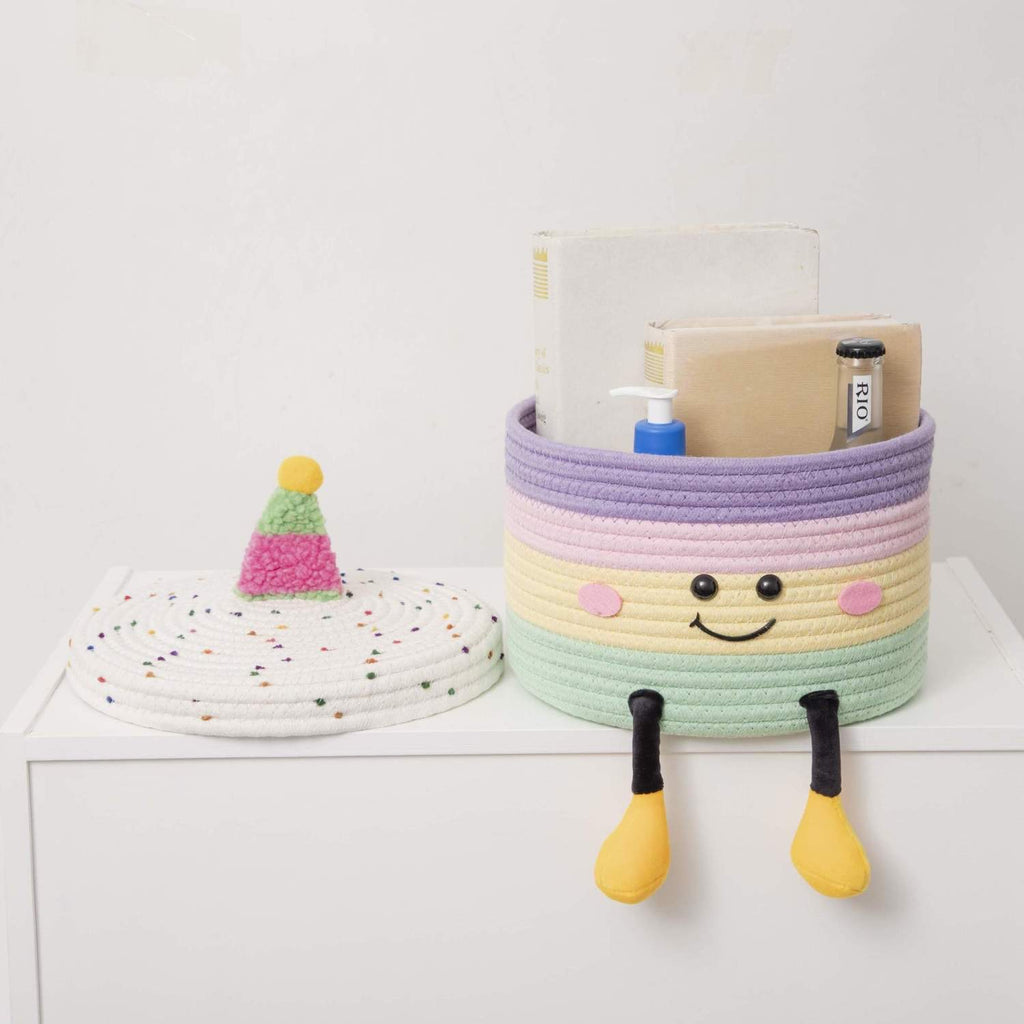 Cartoon Woven Storage Basket Dustproof Desktop Organizer Toys Snacks Kids Gift Box Rainbow Cake Storage