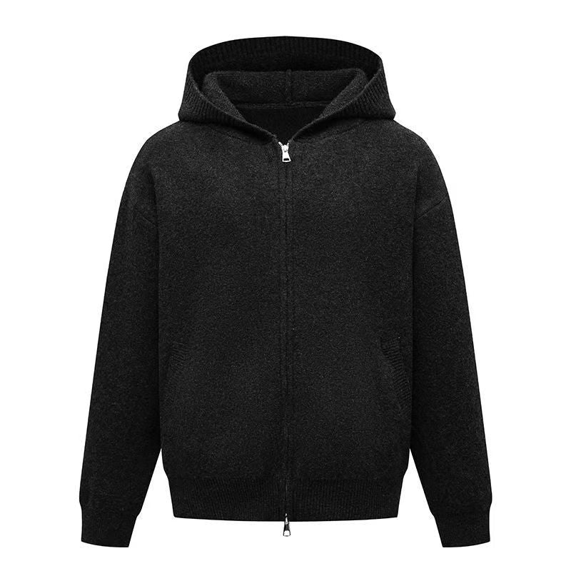 Light gray hooded zip-up knit cardigan