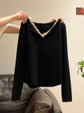 Off-white lace trim V-neck knit top