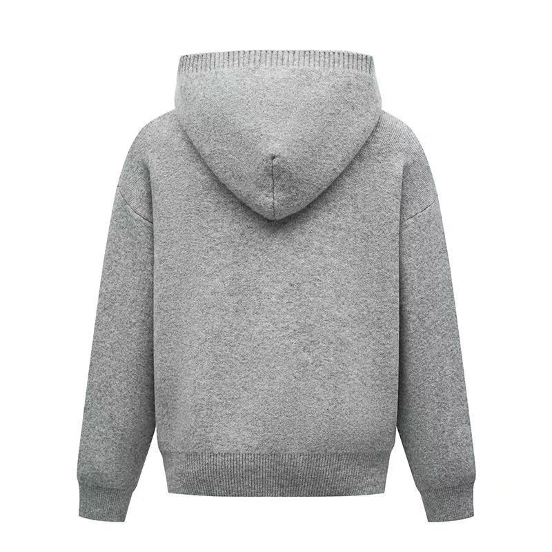 Light gray hooded zip-up knit cardigan