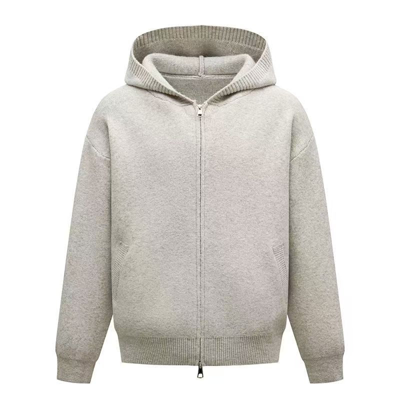 Light gray hooded zip-up knit cardigan