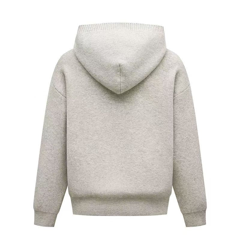 Light gray hooded zip-up knit cardigan