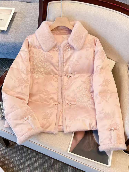 Cherry pink Chinese-style jacquard fur collar cotton-padded jacket