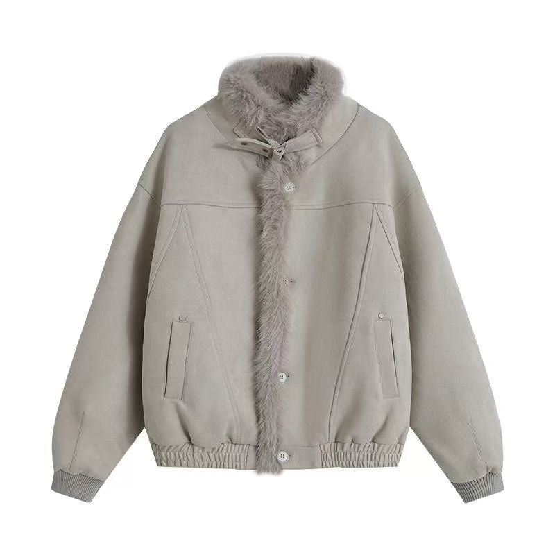 Coffee suede fur collar patchwork jacket