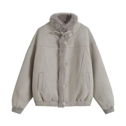 Coffee suede fur collar patchwork jacket