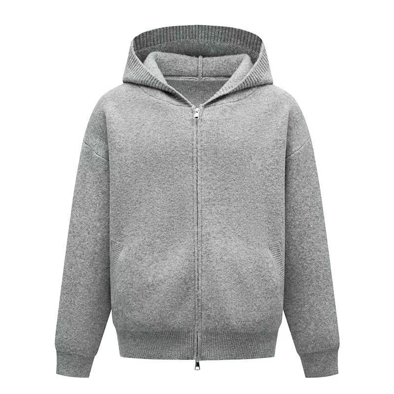 Light gray hooded zip-up knit cardigan