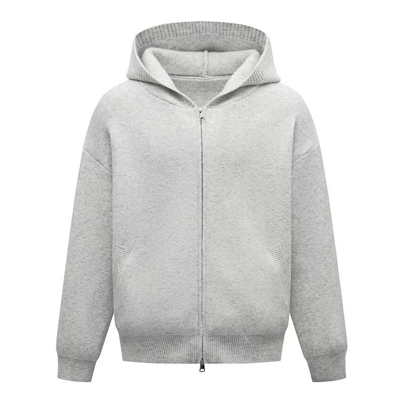Light gray hooded zip-up knit cardigan