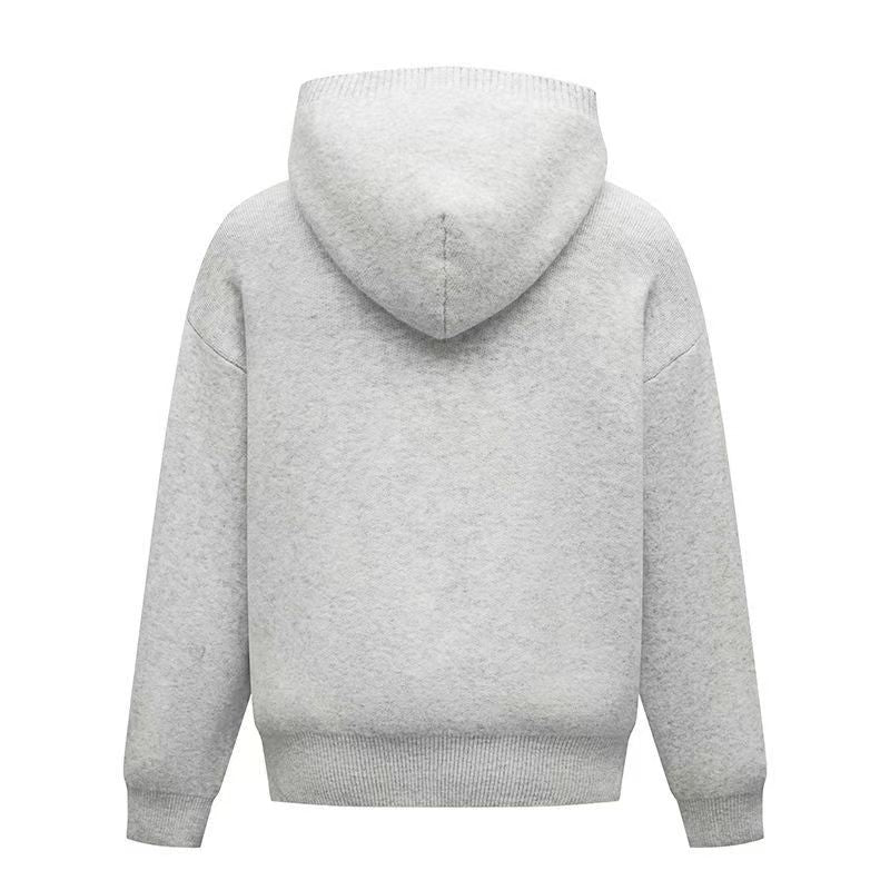 Light gray hooded zip-up knit cardigan
